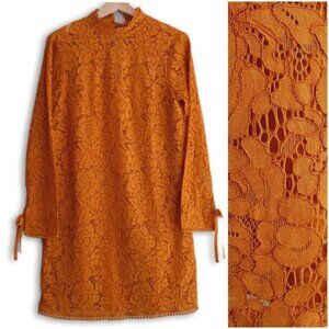 H&M / Floral Lace Pom-Pom Trim Long Sleeve Knee Length Dress Mustard Yellow Sz S